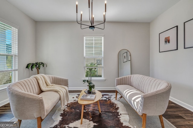 22 Allston Ln, Savannah, GA 31407 - living area featuring an inviting chandelier, baseboards, dark wood finished floors, and a wealth of natural light