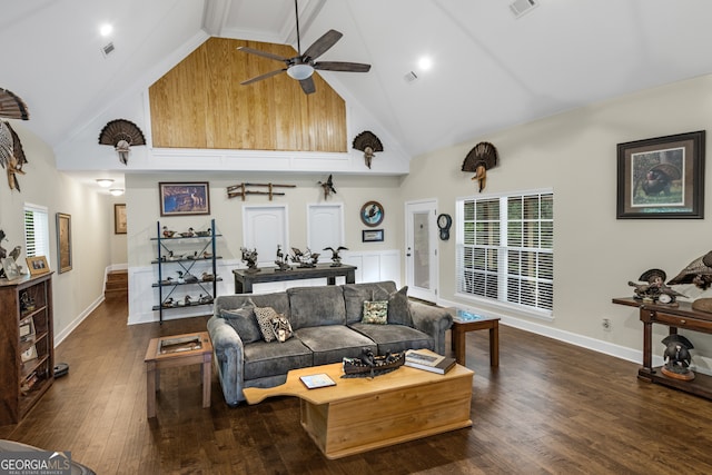 living room featuring dark wood-type flooring, high vaulted ceiling, and a wealth of natural light