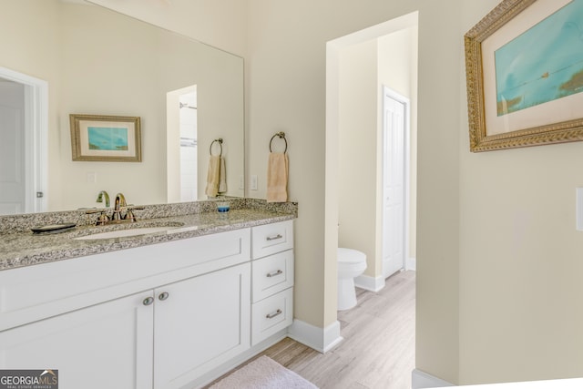 bathroom with hardwood / wood-style flooring, vanity, and toilet