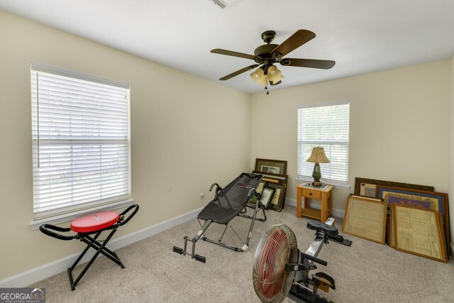 233 Cardinal Cir W, Saint Marys, GA 31558 - exercise area featuring carpet floors, a ceiling fan, and baseboards