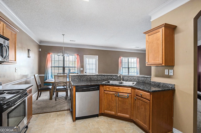 kitchen with crown molding, appliances with stainless steel finishes, sink, and kitchen peninsula