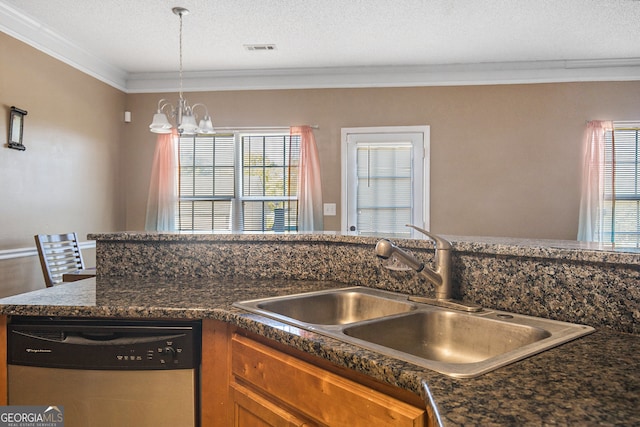 kitchen with ornamental molding, sink, decorative light fixtures, stainless steel dishwasher, and a chandelier