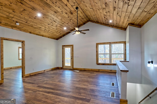 unfurnished living room with dark hardwood / wood-style flooring, high vaulted ceiling, ceiling fan, and wooden ceiling