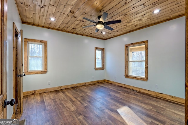 empty room with dark wood-type flooring, ceiling fan, and wooden ceiling