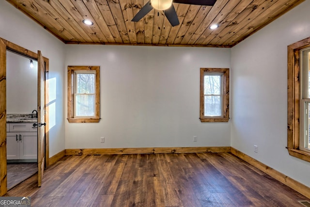 unfurnished room featuring dark hardwood / wood-style flooring, a wealth of natural light, and wooden ceiling