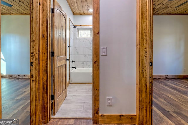 corridor with wooden ceiling and wood-type flooring