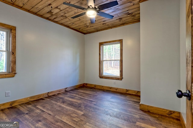 unfurnished room with dark hardwood / wood-style floors, plenty of natural light, wooden ceiling, and ceiling fan