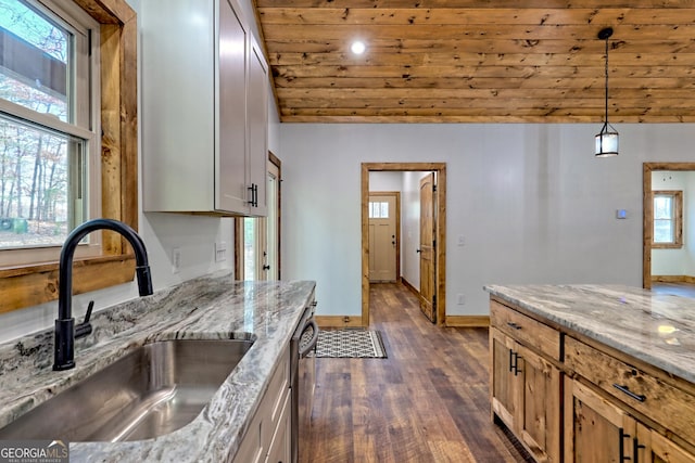 kitchen with light stone counters, sink, wood ceiling, and dark hardwood / wood-style floors