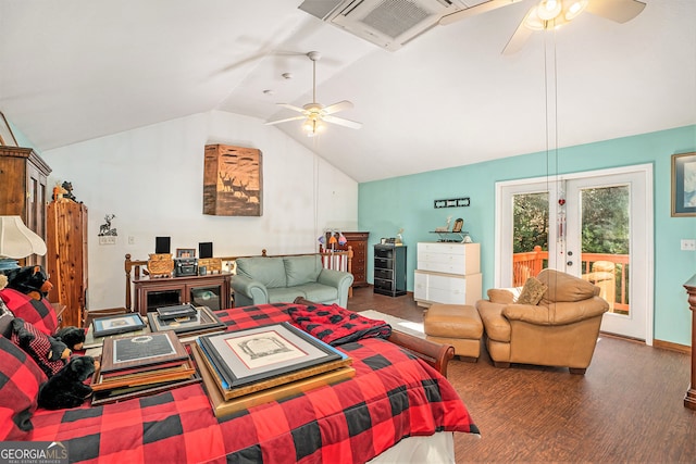 bedroom with ceiling fan, dark hardwood / wood-style flooring, lofted ceiling, and access to exterior