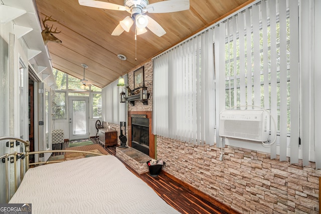 bedroom featuring wood ceiling, ceiling fan, cooling unit, wood-type flooring, and vaulted ceiling