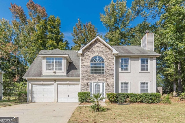 1983 Smithfield Ave, Ellenwood, GA 30294 - traditional-style home with a chimney, an attached garage, concrete driveway, and stone siding