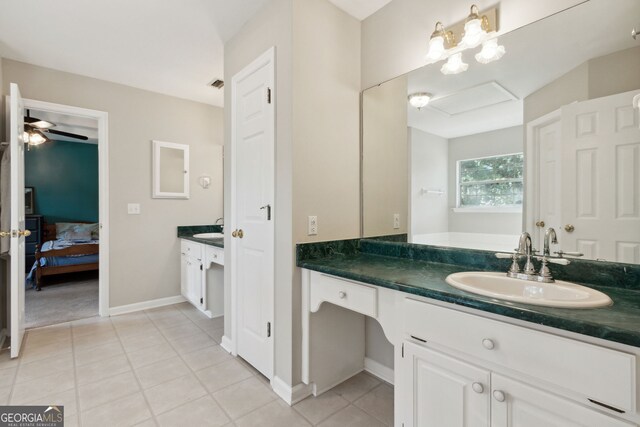 bathroom featuring vanity, tile patterned flooring, and ceiling fan