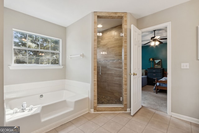 bathroom with independent shower and bath, tile patterned flooring, and ceiling fan