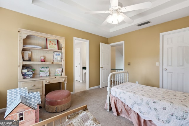 carpeted bedroom with ceiling fan