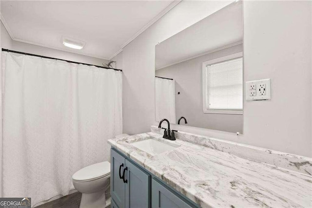 bathroom featuring ornamental molding, toilet, and vanity