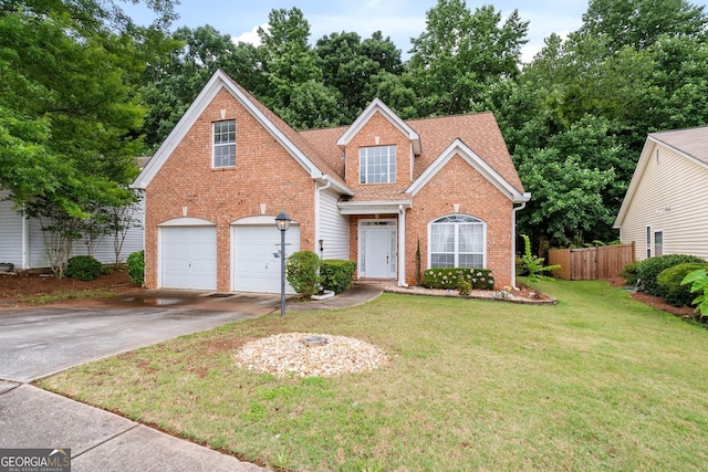 view of front of property with a garage and a front lawn