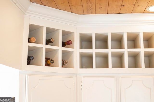 room details with built in features and wooden ceiling