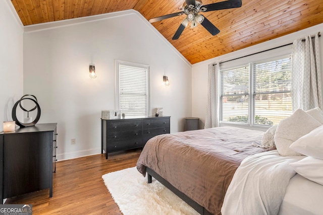 bedroom with wood-type flooring, ceiling fan, wooden ceiling, vaulted ceiling, and ornamental molding