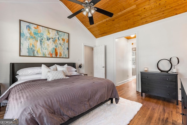 bedroom featuring ceiling fan, wooden ceiling, lofted ceiling, and dark hardwood / wood-style floors