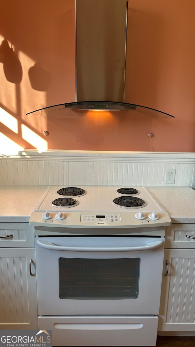 interior details featuring electric range and ventilation hood