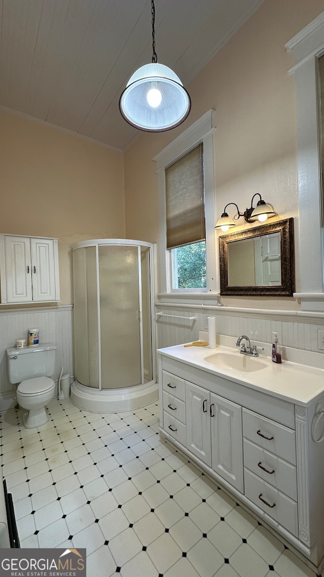 bathroom featuring vanity, toilet, and a shower with door