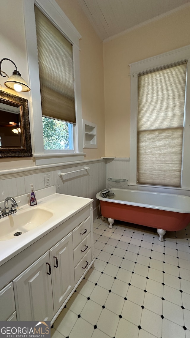 bathroom featuring vanity and a tub to relax in