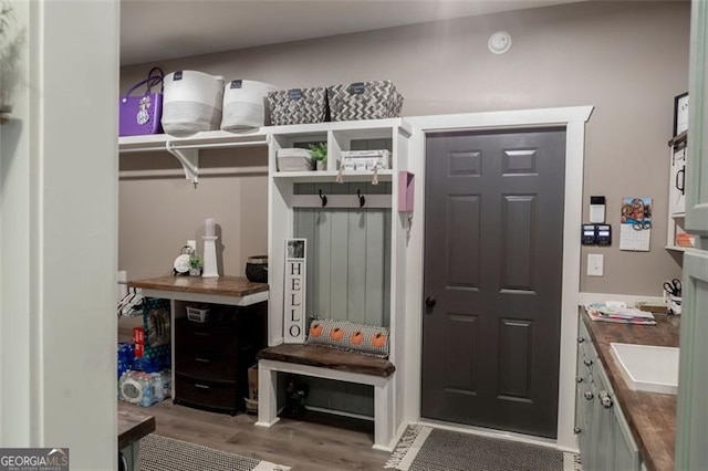 mudroom featuring sink and light wood-type flooring