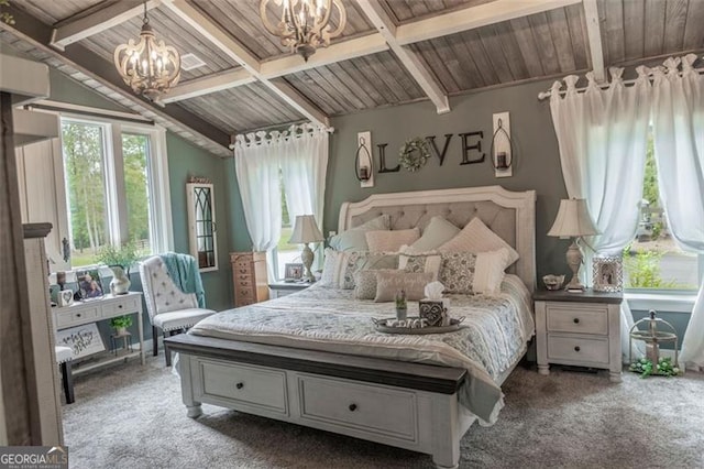 bedroom with vaulted ceiling with beams, a chandelier, wooden ceiling, and carpet