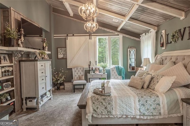 carpeted bedroom featuring a barn door, vaulted ceiling with beams, and wood ceiling