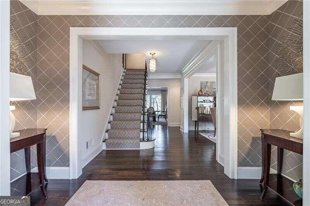 foyer entrance featuring tile walls, dark hardwood / wood-style floors, and crown molding