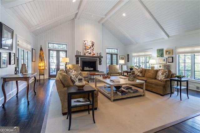 living room featuring high vaulted ceiling, a healthy amount of sunlight, hardwood / wood-style floors, and wood ceiling