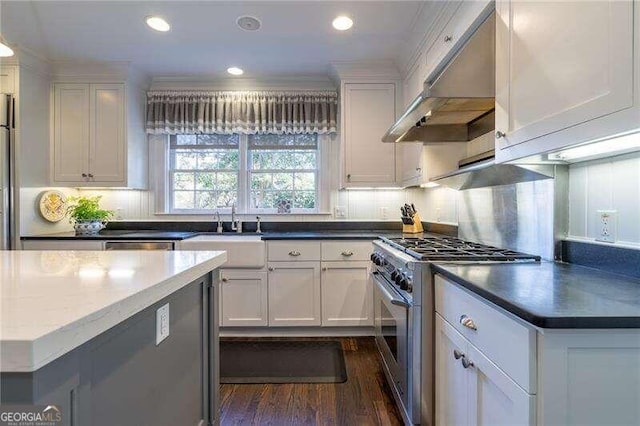 kitchen featuring decorative backsplash, dark hardwood / wood-style floors, high end stainless steel range, white cabinetry, and range hood