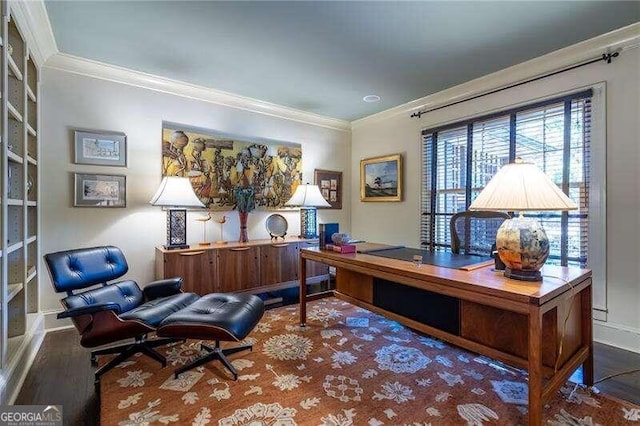 office space featuring crown molding and wood-type flooring