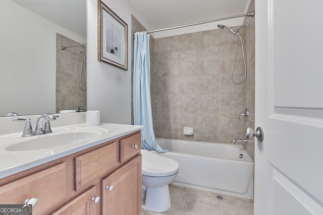 full bathroom featuring vanity, toilet, shower / bathtub combination with curtain, and tile patterned floors