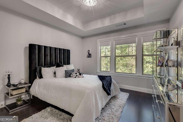 bedroom featuring a raised ceiling and dark wood-type flooring