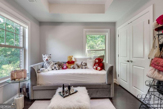 bedroom featuring a closet, dark hardwood / wood-style flooring, and multiple windows