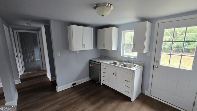 kitchen featuring white cabinetry, stainless steel dishwasher, dark hardwood / wood-style floors, and sink