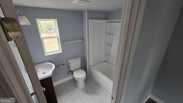 full bathroom featuring vanity, toilet, and shower / tub combination