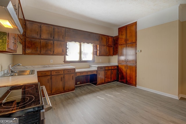 kitchen with stove, sink, a textured ceiling, and light hardwood / wood-style floors