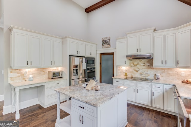 kitchen with backsplash, black appliances, beamed ceiling, and dark hardwood / wood-style floors