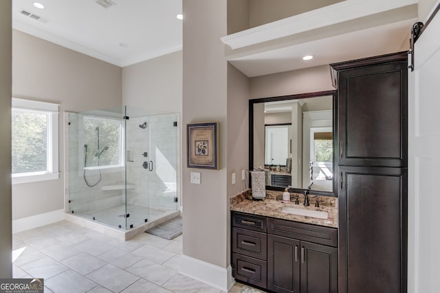 bathroom with a wealth of natural light, vanity, crown molding, and a shower with shower door