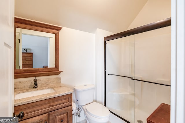 bathroom with vanity, lofted ceiling, toilet, and walk in shower