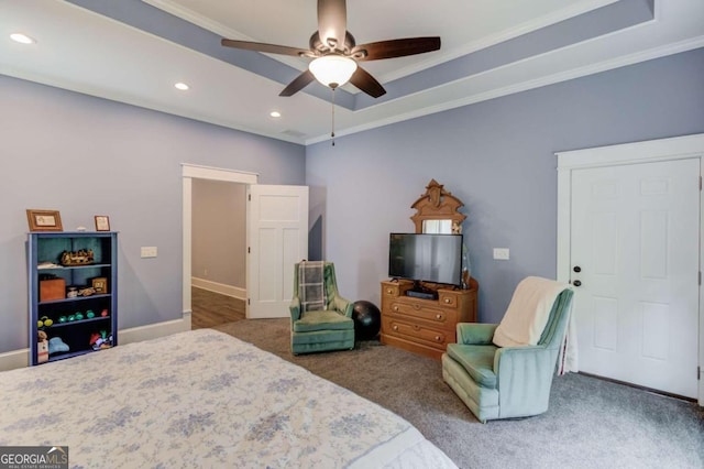 bedroom featuring ornamental molding, carpet flooring, and ceiling fan