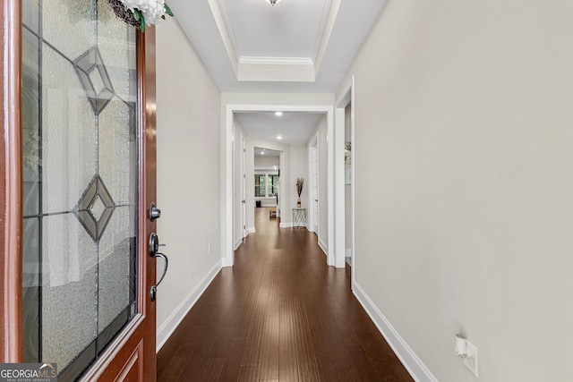 corridor with a tray ceiling and dark hardwood / wood-style floors