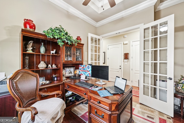 home office featuring ceiling fan, crown molding, and wood-type flooring