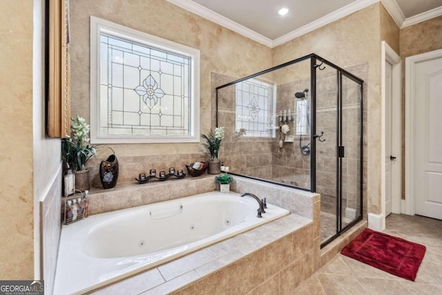 bathroom with ornamental molding, separate shower and tub, and tile patterned flooring