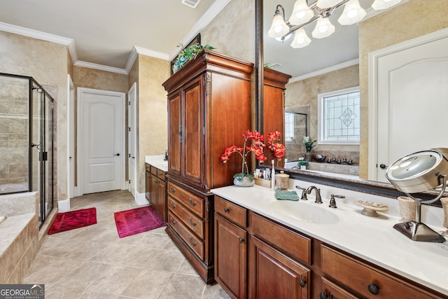 bathroom with vanity, crown molding, shower with separate bathtub, and tile patterned flooring