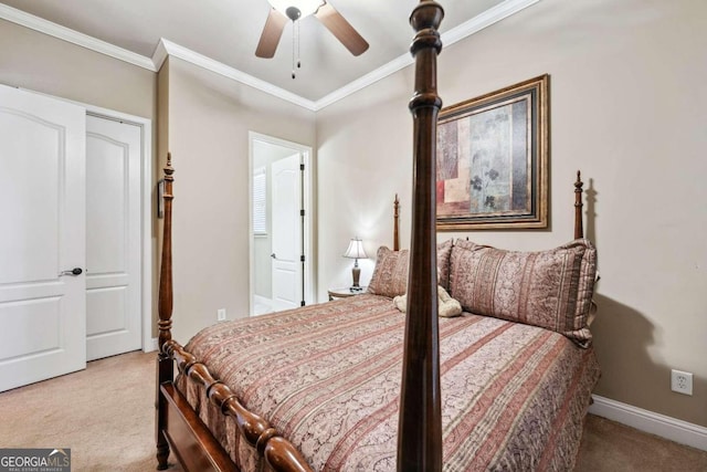 bedroom with ceiling fan, light carpet, and crown molding