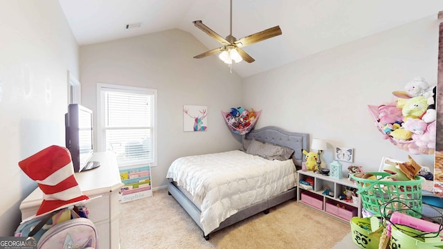 bedroom featuring light carpet, high vaulted ceiling, and ceiling fan