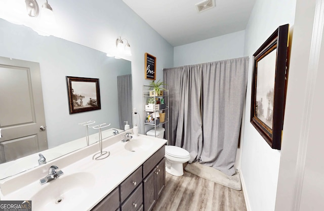 bathroom with toilet, vanity, and wood-type flooring